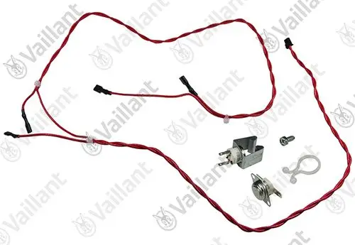 Kabelloses Sensor-Set von Vaillant mit mehreren roten Kabeln, Anschlusssteckern, einer Metallklammer, einem Schraubenpaar und einer Kunststoffsicherung.